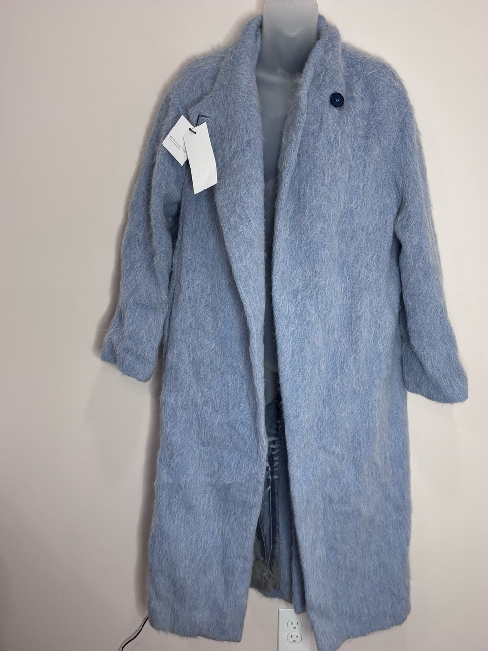 Zara Wool Long PeaCoat Jacket Powder Blue Plush Teddy Coat XS NWT new